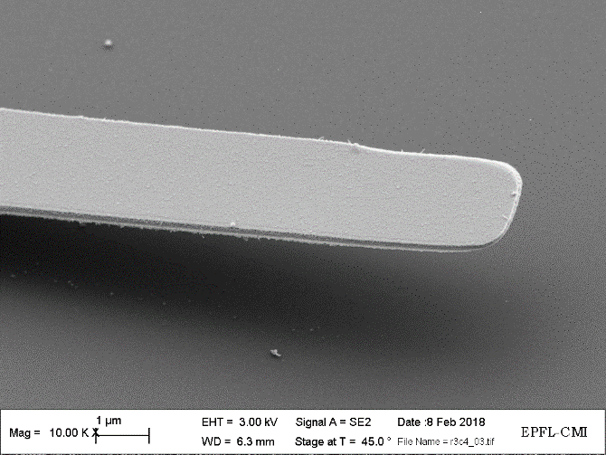 Close-up SEM image of a released cantilever with 100-nm thickness, comprised of molybdenum and hafnium oxide.